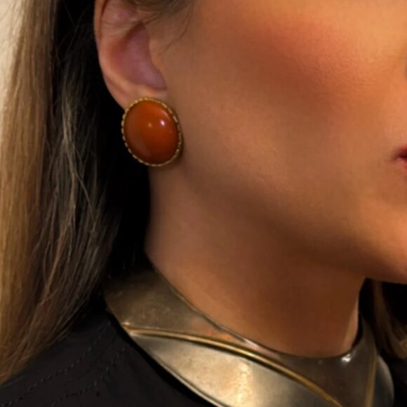 Vintage Ellen Designs Burnt Orange Cabochon Clip-On Earrings - Picture 1 of 11